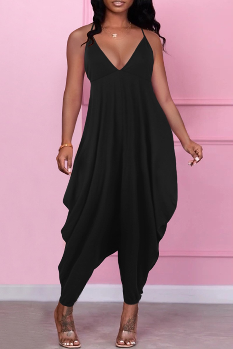 

Black Sexy Casual Solid Backless Spaghetti Strap Regular Jumpsuits