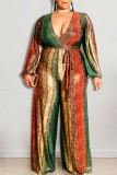 Red Green Casual Striped Print Bandage Patchwork V Neck Plus Size Jumpsuits