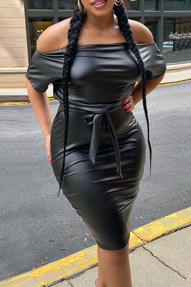 

Black Plus Size Fashion Sexy Solid Split Joint Frenulum Off the Shoulder Short Sleeve Dress