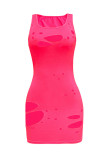 ピンクのセクシーなカジュアルソリッドリップドUネックベストドレス