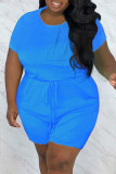 Blue Fashion Casual Solid Basic O Neck Regular Rompers