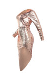 ピンク ファッション セクシーなパッチワーク スパンコール 非対称 V ネック長袖ドレス