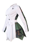 ホワイトファッションカジュアルプリントパッチワークターンダウンカラー長袖ドレス