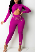 Rose Red Sexy Solid Hollowed Out Split Joint Asymmetrical Regular Jumpsuits (Without Belt)