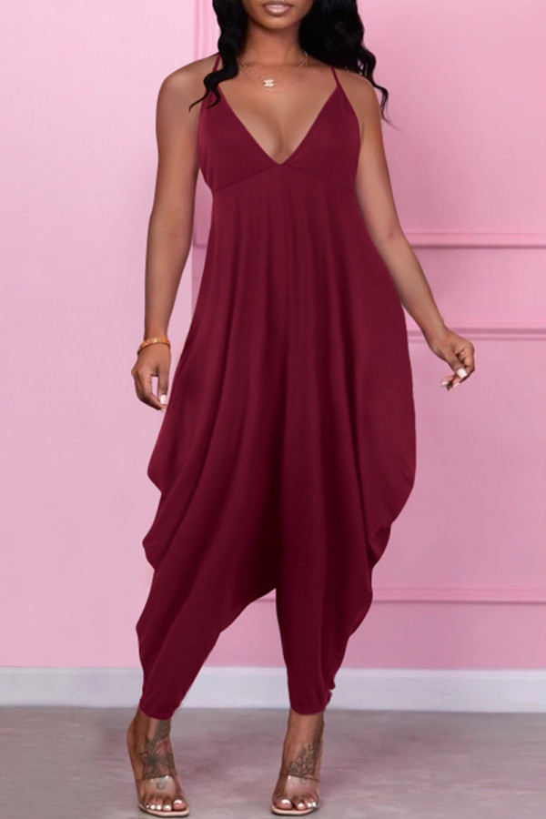 Burgund Sexy Casual Solid Backless Spaghetti Strap Regular Jumpsuits