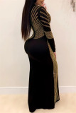 Gold Fashion Sexy Patchwork Hot Drilling Slit O Neck Long Sleeve Dresses