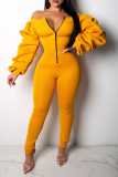 Yellow Sexy Solid Patchwork Zipper Collar Skinny Jumpsuits