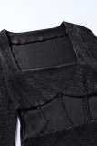 黒のセクシーな無地パッチワーク シースルー スクエア カラー ワン ステップ スカート ドレス