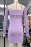 Robes jupe crayon licou sexy en patchwork ajouré solide violet