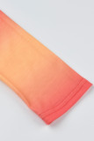 Orange Sexig Patchwork Print asymmetrisk rak långärmad två delar
