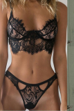 Black Sexy Party Solid Lace Hollowed Out Valentines Day Lingerie