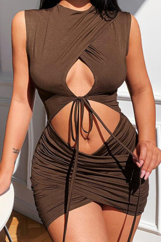 Brown Sexy Solid Hollowed Out Patchwork Asymmetrical O Neck One Step Skirt Dresses