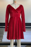 Robe trapèze rouge décontractée à col en V et patchwork