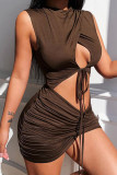 Brown Sexy Solid Hollowed Out Patchwork Asymmetrical O Neck One Step Skirt Dresses