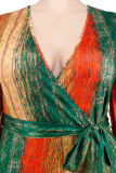 Красно-зеленый повседневный полосатый принт с принтом в стиле пэчворк с V-образным вырезом и комбинезонами больших размеров