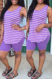 Фиолетовые модные повседневные полосатые жилеты с принтом с круглым вырезом без рукавов из двух частей