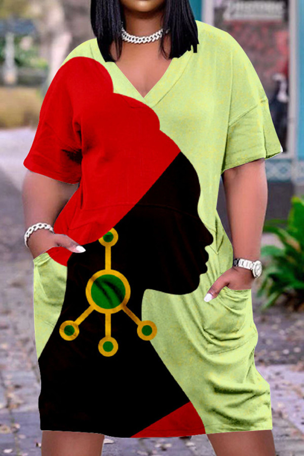 Зеленое модное повседневное базовое платье с V-образным вырезом и коротким рукавом с принтом