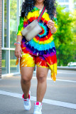 Red Fashion Casual Rainbow Print Pride Day Tie Dye Asymmetrical Oblique Collar Plus Size Two Pieces Short Sets