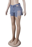 Pantalones cortos de mezclilla regular de cintura media rasgados sólidos casuales de moda azul