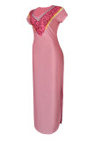 Vestido de manga curta rosa moda casual estampa com fenda decote em v