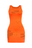 Robe gilet orange sexy décontractée solide à col en U déchiré