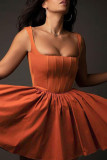 Orange sexy elegante solide Patchwork-Falten-Spaghetti-Träger-Riemen-Kleid-Kleider