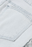 Jeans de mezclilla de cintura alta rasgados sólidos casuales de moda azul bebé