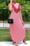 Rosa Mode Casual Print Schlitz V-Ausschnitt Kurzarm Kleid