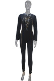 Black Fashion Sexy Solid Hollowed Out Chains V Neck Skinny Jumpsuits