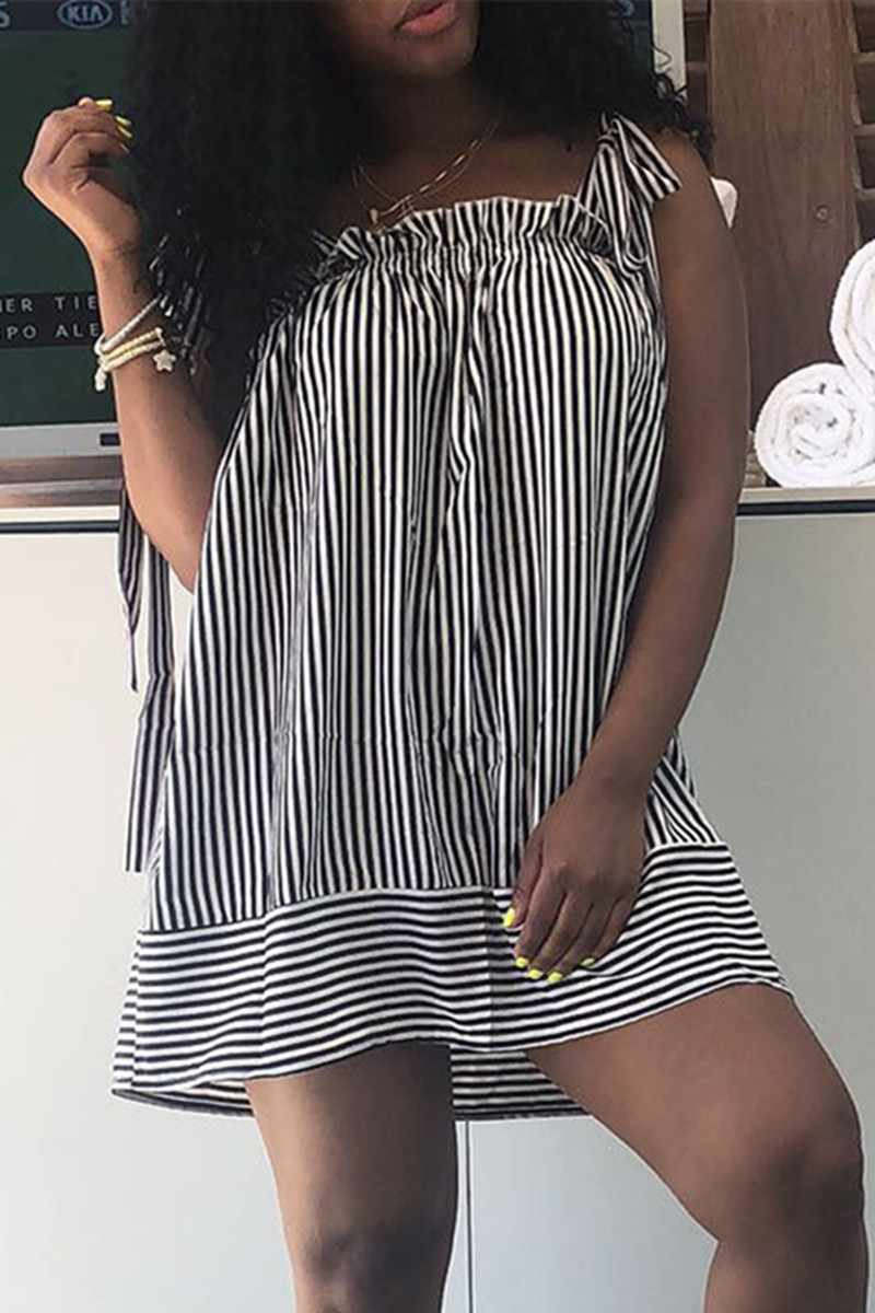 

Black White Sexy Casual Striped Print Bandage Backless Square Collar Vest Dress