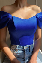 Blauwe sexy effen patchwork asymmetrische off-shoulder tops