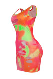 Цветное сексуальное повседневное платье с принтом Tie Dye Ripped U-образным вырезом и жилетом