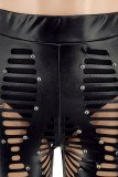 Black Sexy Solid Rivets Hollowed Out Patchwork U Neck Sleeveless Two Pieces