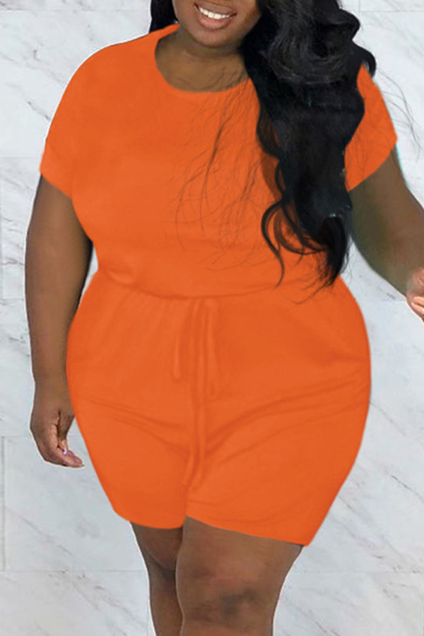 Оранжевый модный повседневный однотонный базовый комбинезон с круглым вырезом обычного размера