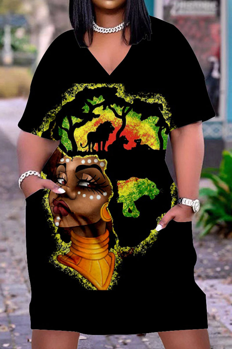 

Matte Black Fashion Casual Print Basic V Neck Short Sleeve Dress