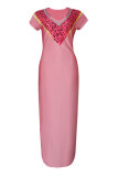 ピンクファッションカジュアルプリントスリットVネック半袖ワンピース