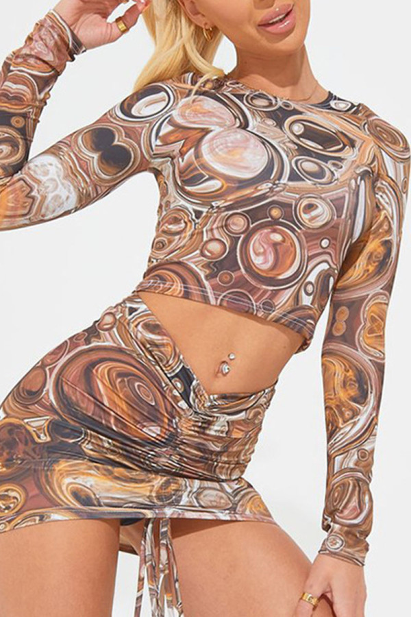 Dark Brown Sexy Print Patchwork Draw String Fold O Neck Long Sleeve Two Pieces