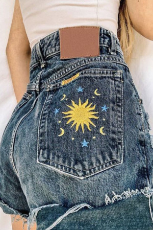 Black Gray Casual Print Patchwork High Waist Denim Shorts