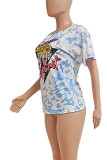 Blue Casual Street Print Patchwork O Neck T-Shirts