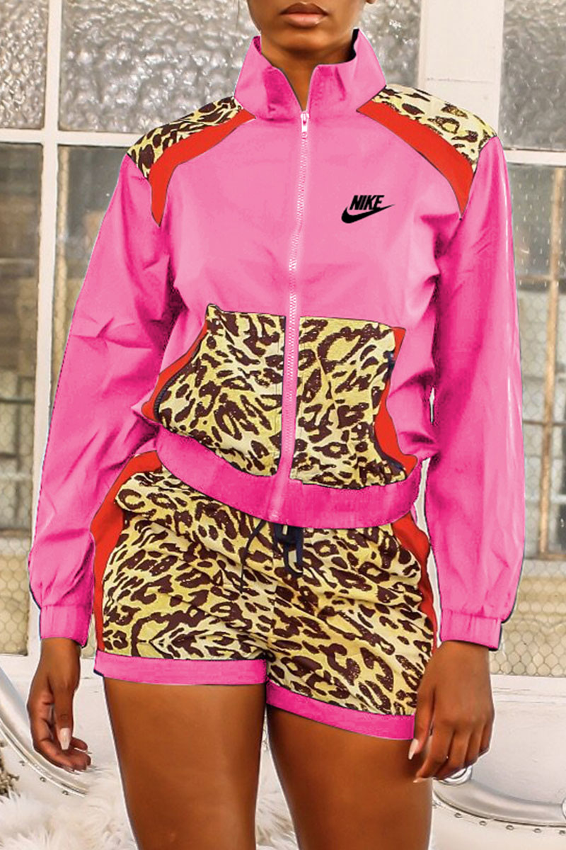 

Rose Red Fashion Sportswear Print Leopard Split Joint Mandarin Collar Long Sleeve Two Pieces