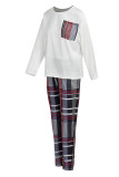 Burgundy Casual Plaid Print Patchwork Pocket O Neck Long Sleeve Two Pieces