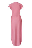 Rosa Mode Casual Print Schlitz V-Ausschnitt Kurzarm Kleid