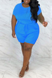 Blue Fashion Casual Solid Basic O Neck Regular Rompers