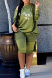 グリーンファッションカジュアルレタープリントベーシック斜め襟長袖ツーピース