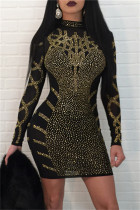 Negro moda sexy patchwork taladro caliente medio cuello alto manga larga vestidos
