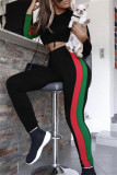 Black Casual Sportswear Striped Patchwork Hooded Collar Long Sleeve Two Pieces