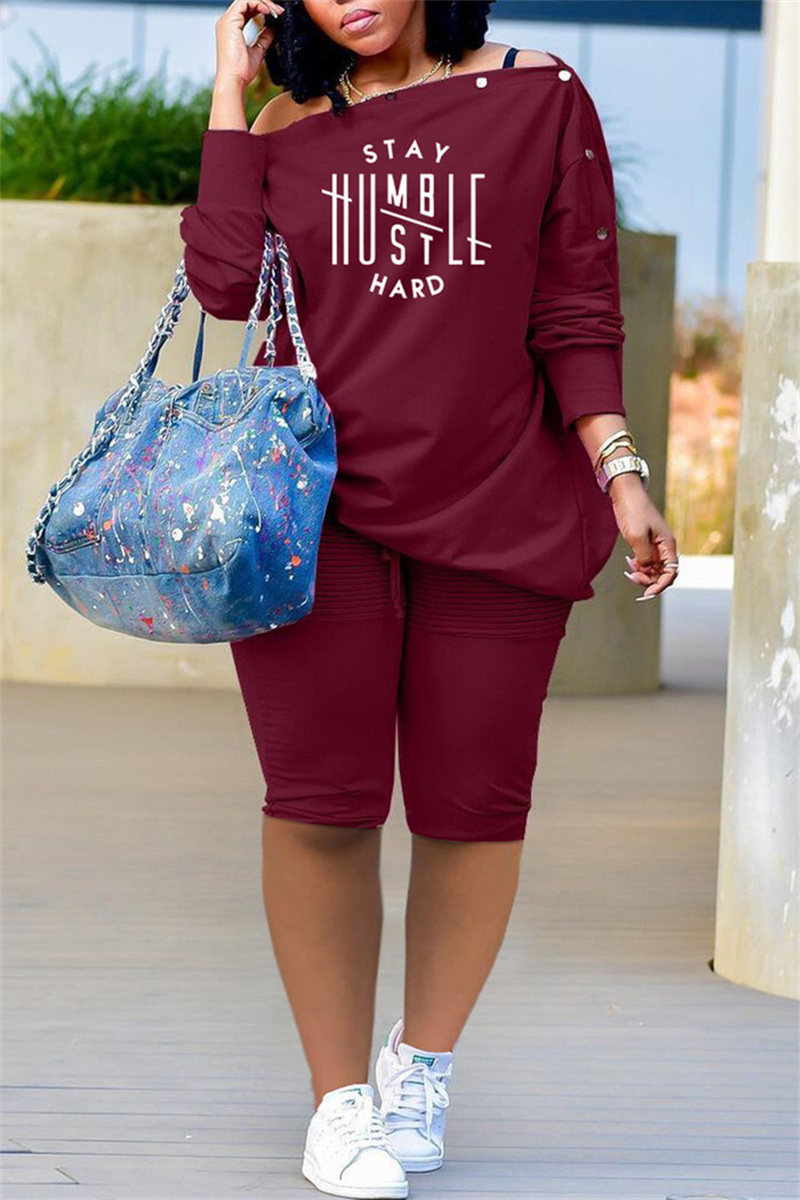 

Burgundy Fashion Casual Print Basic Oblique Collar Long Sleeve Two Pieces