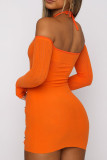 Orange Sexy Solid Hollowed Out Patchwork Halter Pencil Skirt Dresses