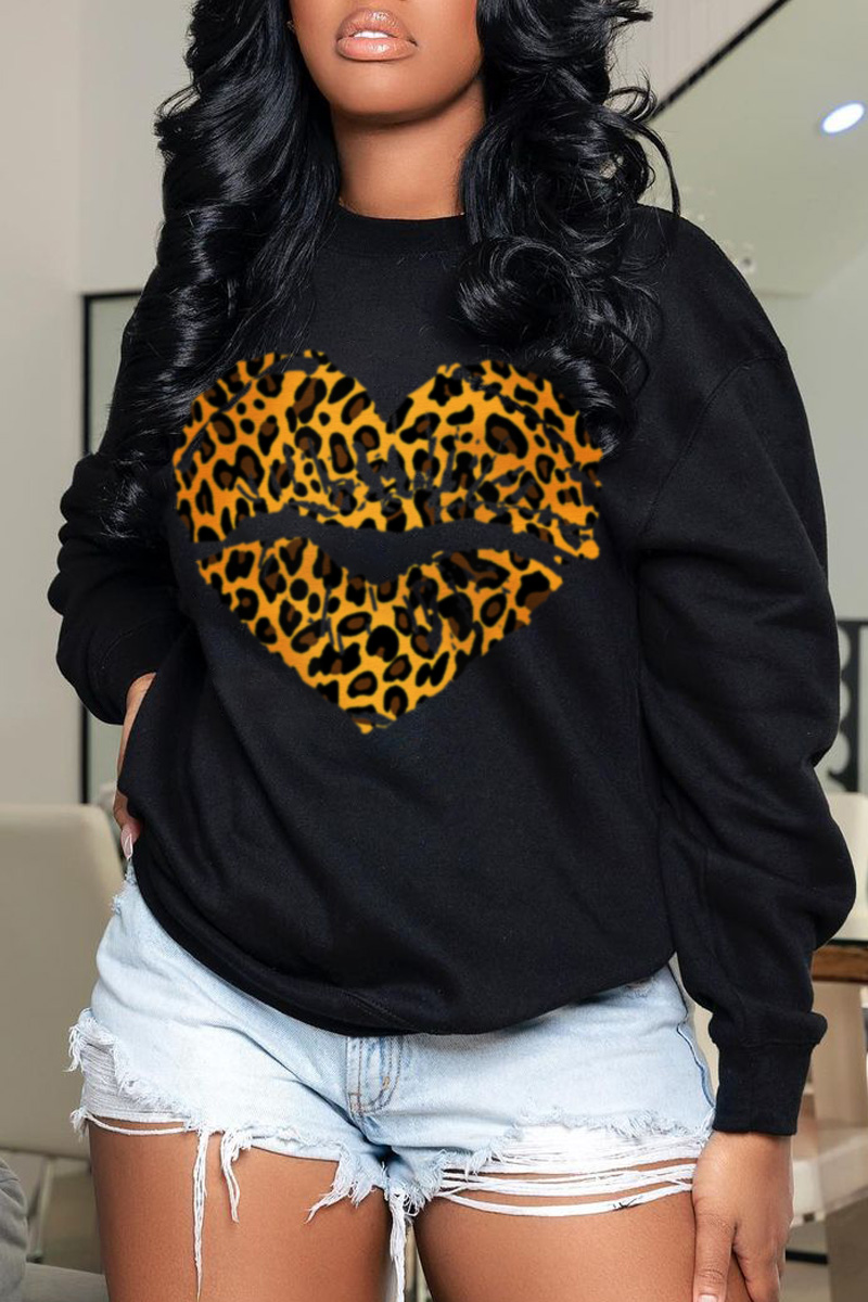 

Black Fashion Street Leopard Lips Printed Split Joint O Neck Tops