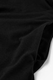 Schwarzes, lässiges Patchwork-Patchwork mit asymmetrischem O-Ausschnitt, Kurzarmkleid, Kleider in Übergröße